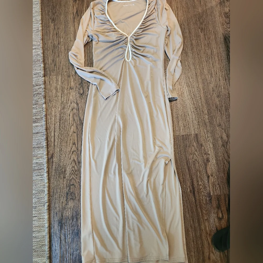 Abercrombie Beige Long Sleeve V-Neck Maxi Dress with Ruched Front